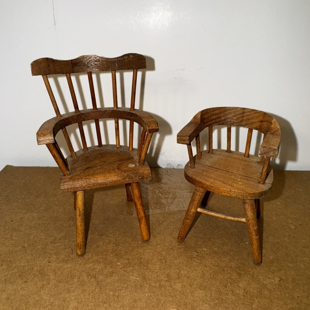 Vtg Set of 2 Dollhouse Miniature Colonial Wood Captains Chair Shackman Japan
